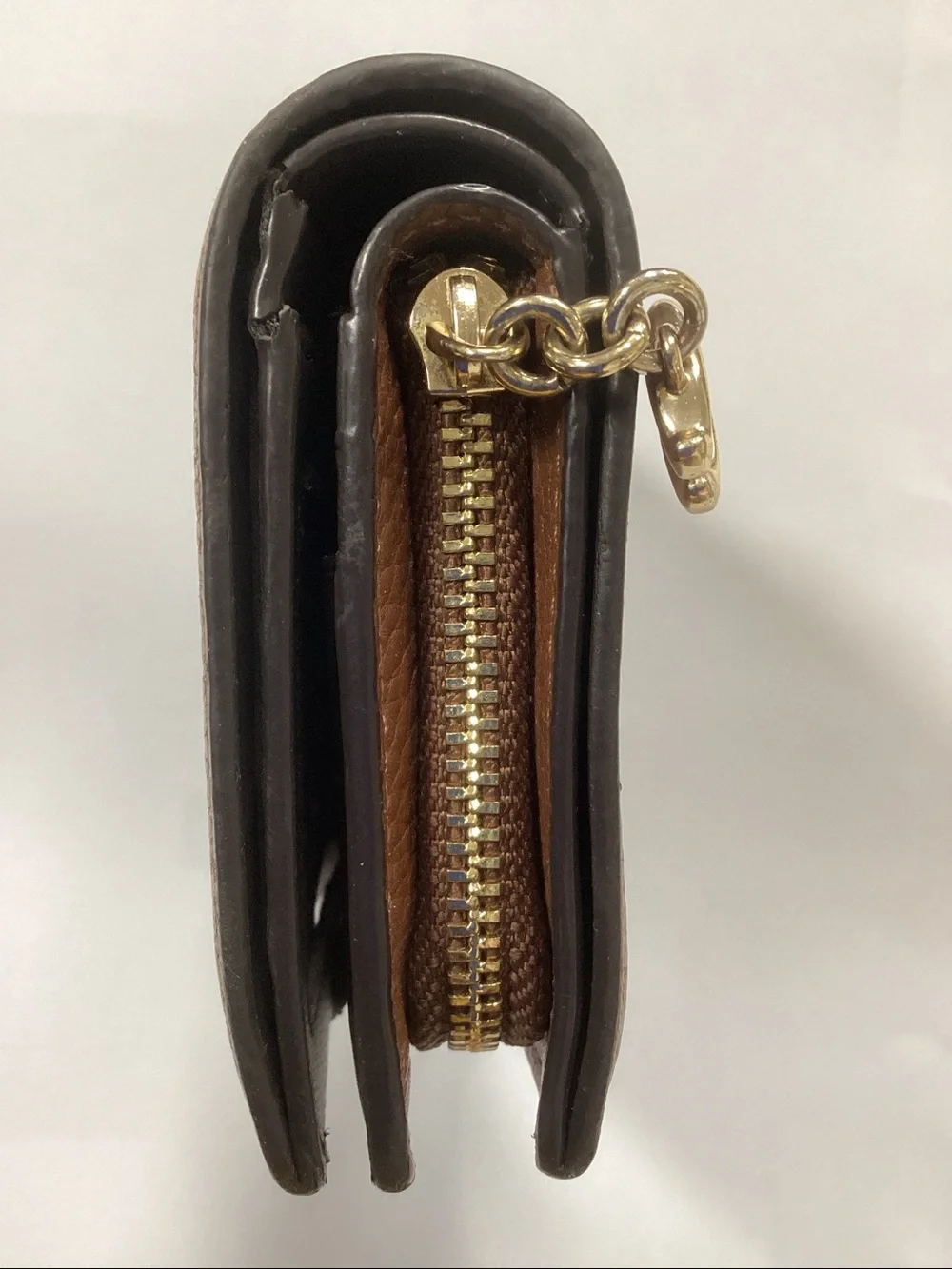 Coach Pebbled Leather Compact Wallet in Chestnut Brown with Gold Accents